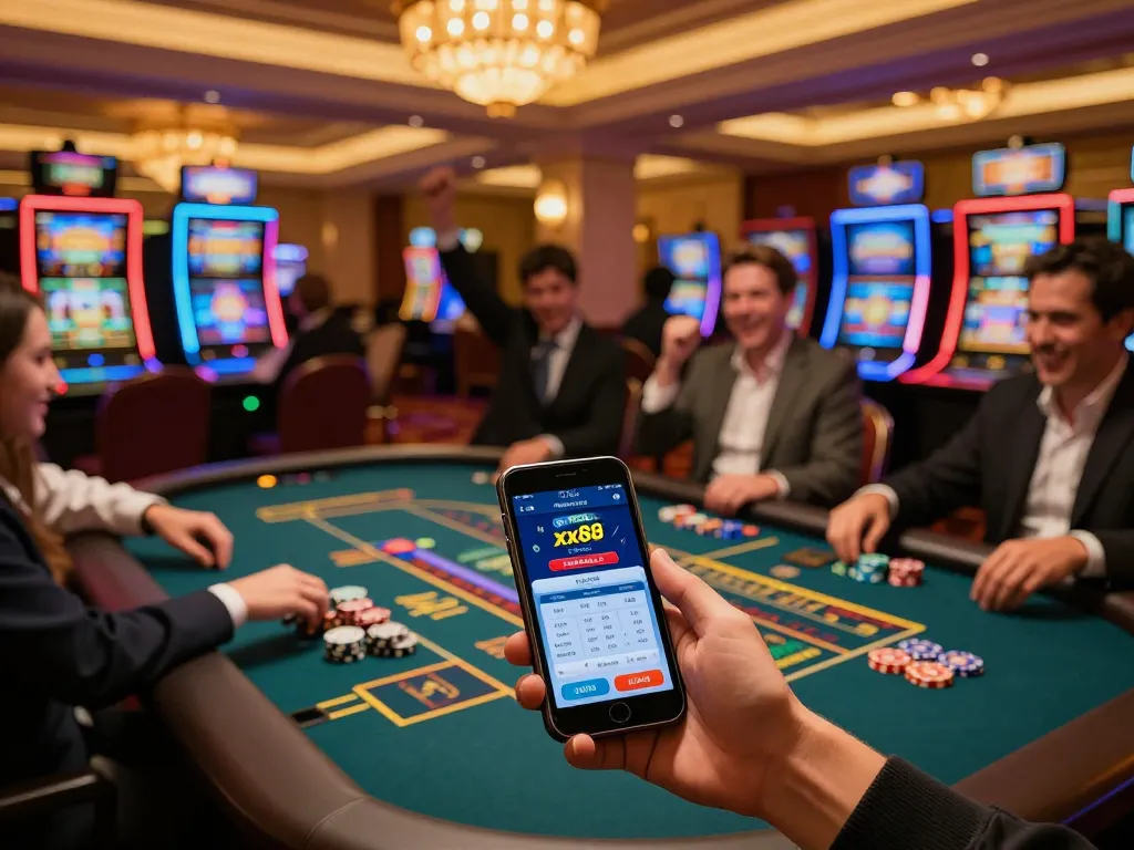 Person engaged with the xx88 mobile app amidst vibrant casino activities, illustrating an engaging gaming experience.