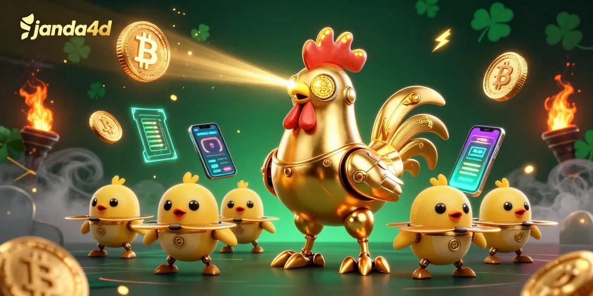 Janda4d menang besar dengan ilustrasi robot ayam emas futuristik dan koin crypto dalam permainan kasino.