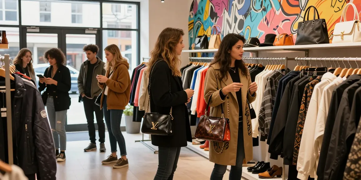 Shopping for high-quality 레플리카 fashion items in a trendy urban store with diverse shoppers enjoying their experience.