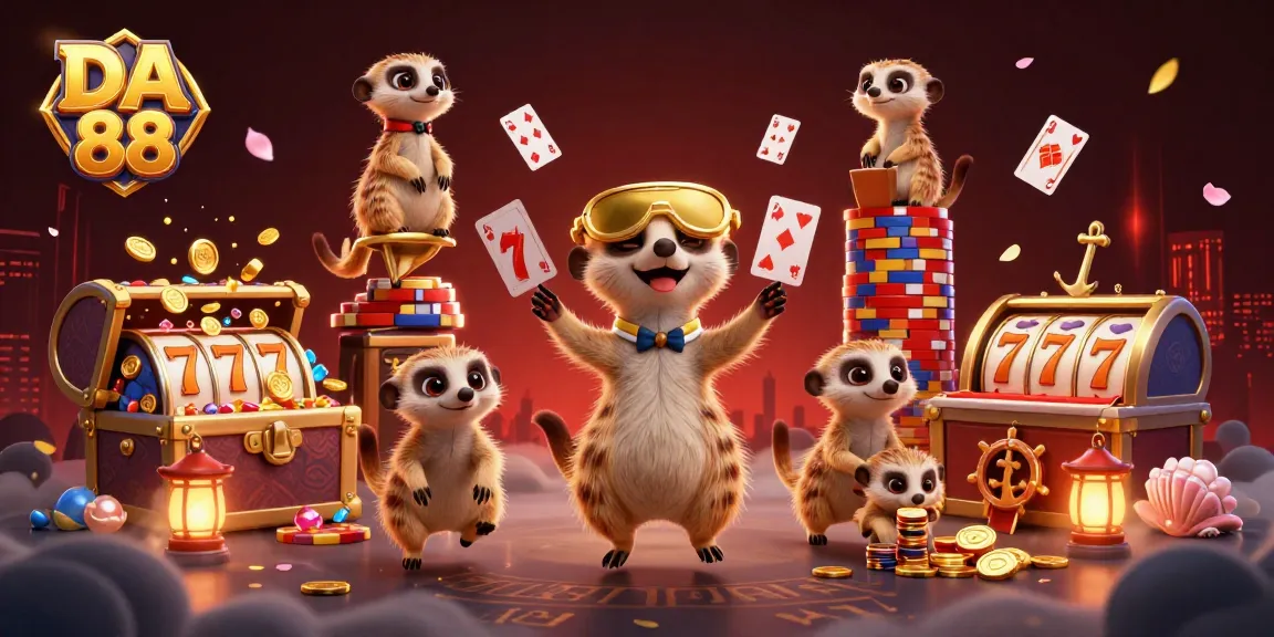 Experience the vibrant gambling world of DA 88 with playful meerkats in an epic casino scene.