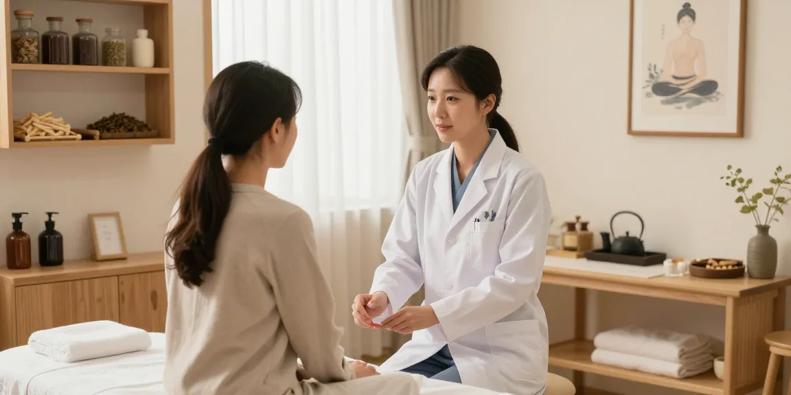 Engaging consultation scene at a 수원한의원 with calming decor and professional interaction.