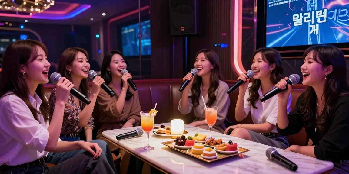 강남 엘리트 가라오케 private singing room with friends enjoying drinks.