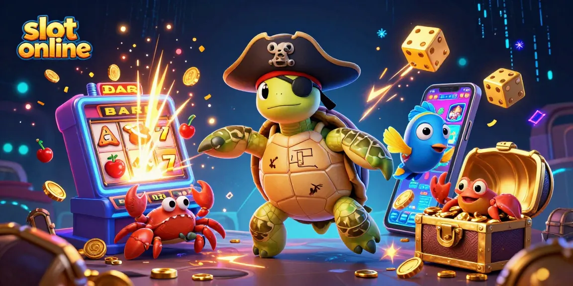 Slot online memikat dengan karakter penyu bajak laut di atas harta, mesin slot, dan koin berkilau.