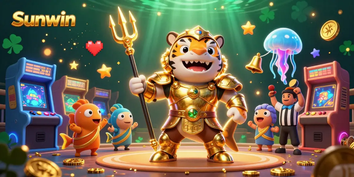 Experience thrilling gameplay at Sunwin with detailed 3D visuals highlighting a shark gladiator and arcade elements.