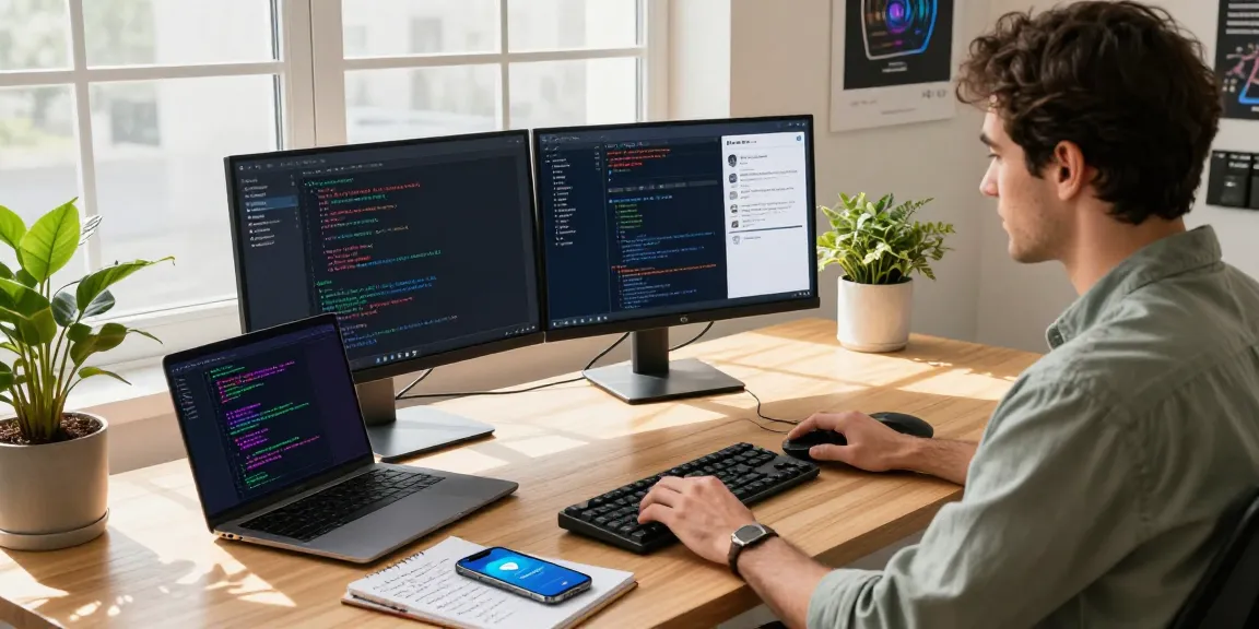 Developer engaging with 纸飞机中文版 in a modern tech workspace with dual monitors and smartphone.