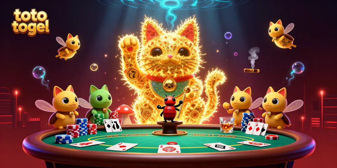 Experience the thrill of toto togel with vibrant casino symbols and golden fireflies in this dynamic illustration.