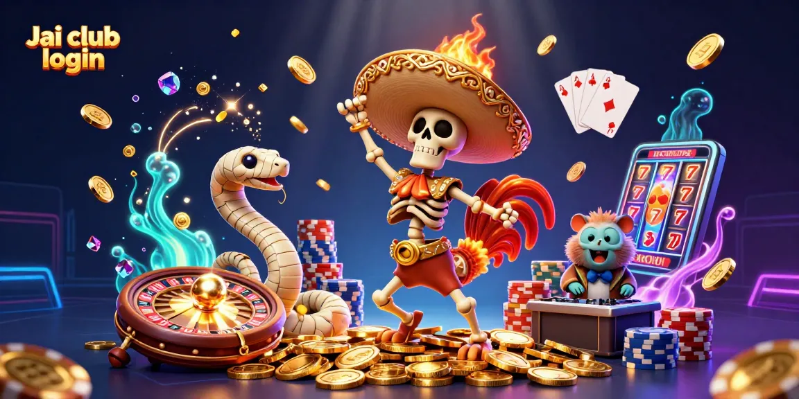 Access exciting games at Jai club login with a vibrant 3D casino illustration featuring animated characters and dynamic gaming elements.