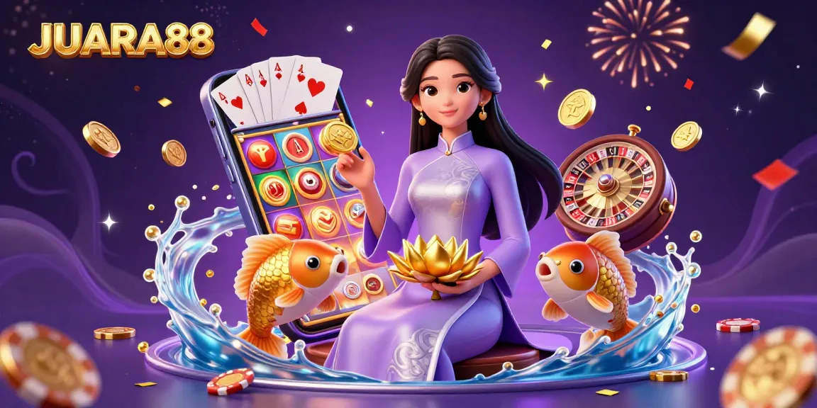Experience JUARA88 with vibrant 3D illustration showcasing online casino excitement and dynamic slot action.