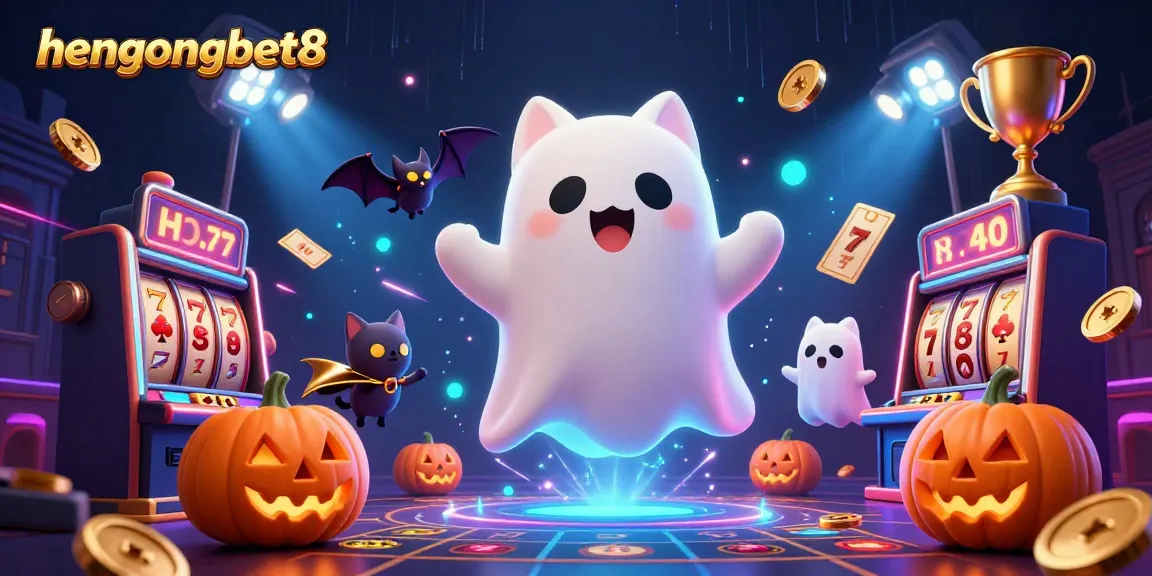 Engage in thrilling gameplay at hengongbet8 with friendly ghost cat, vampire bat, and vibrant slot game elements.