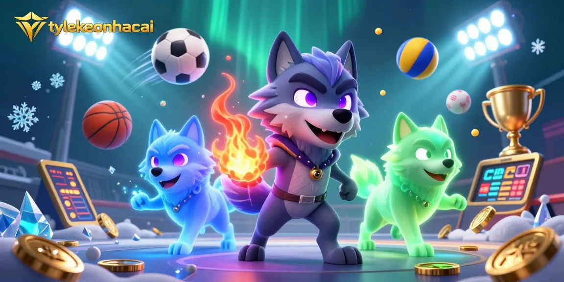 Engage with tylekeonhacai in this dynamic sports betting illustration featuring wolf leaders and trophy elements.
