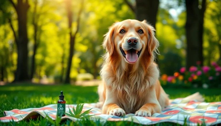 Engaged golden retriever with CBD For Pet oil in vibrant park setting for pet wellness.