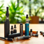 Cannabis Vape products showcased elegantly on a wooden table with a vibrant natural background.