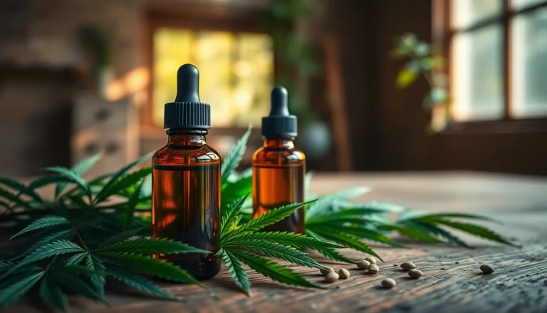 Showcasing CBD oil bottles beside fresh hemp leaves on a rustic wooden table, emphasizing natural wellness.