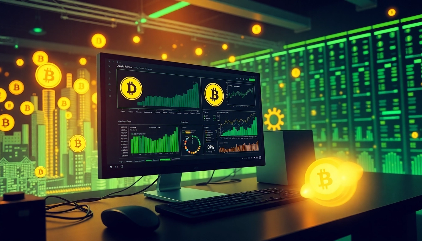 Visual representation of dogecoin cloud mining featuring modern tech and digital interfaces.