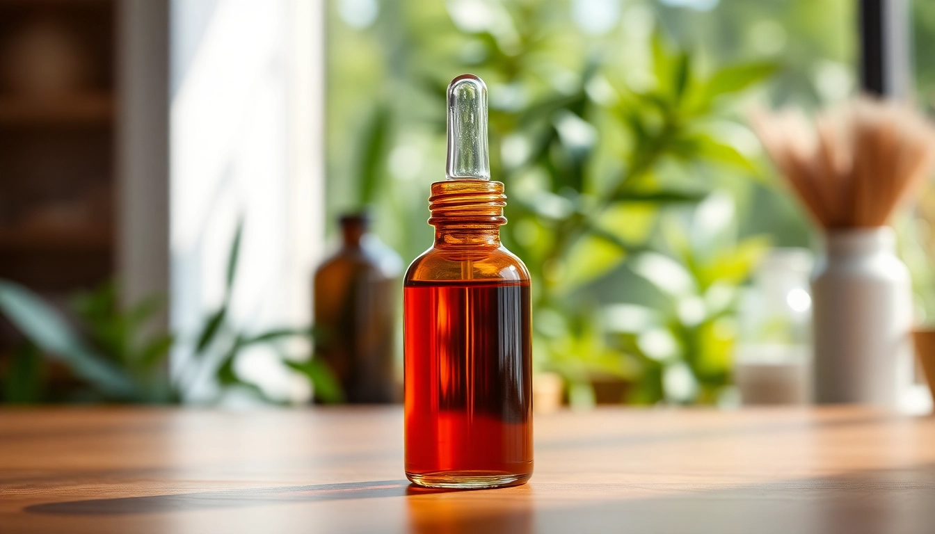 Showcasing CBD Oil in a professional laboratory with a clear dropper bottle amidst natural elements.