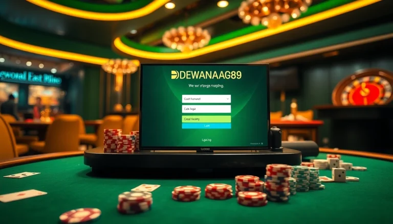 Antarmuka login Dewanaga89 pada meja kasino mewah dikelilingi chip poker dan kartu.