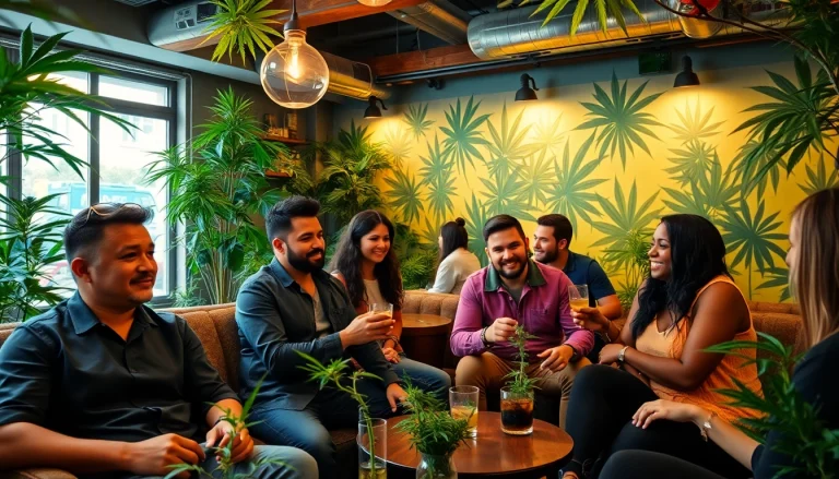 Cannabis social club members socializing in a cozy environment highlighting relaxation and community.