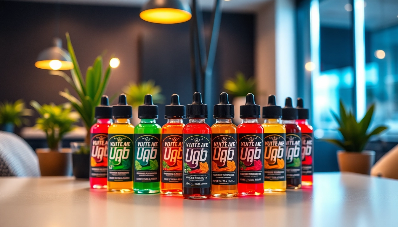 Showcase of colorful Vape & E-Liquids bottles highlighting diverse flavors against a cozy lounge backdrop.