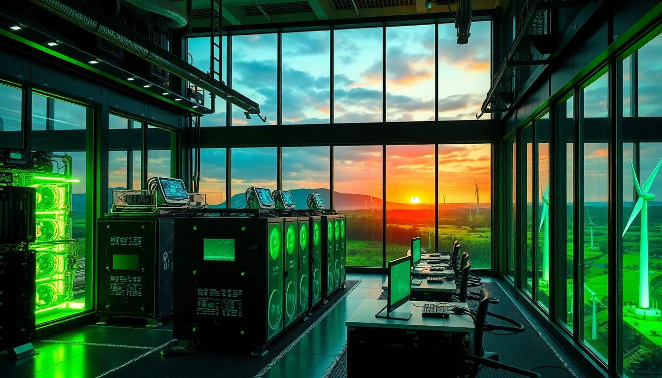 Inside a modern cloud mining facility highlighting the best cloud mining platforms with renewable energy sources and advanced technology.