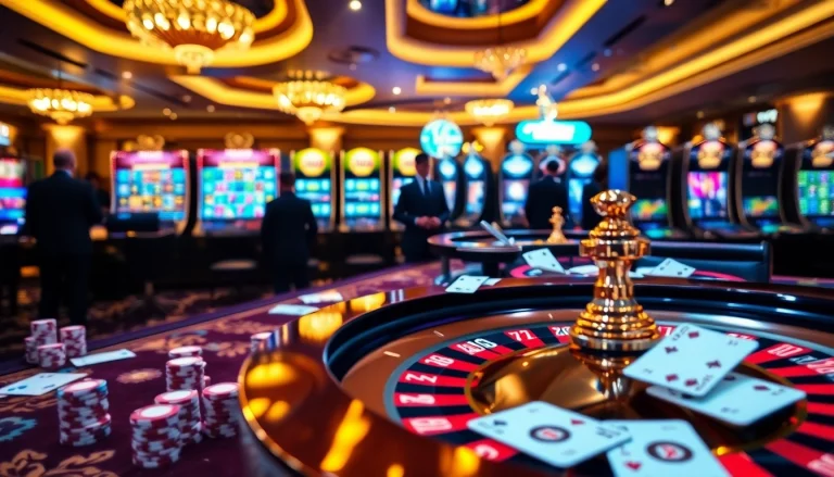 Win55 casino excitement with professional gamblers at high-stake tables and glowing slot machines.