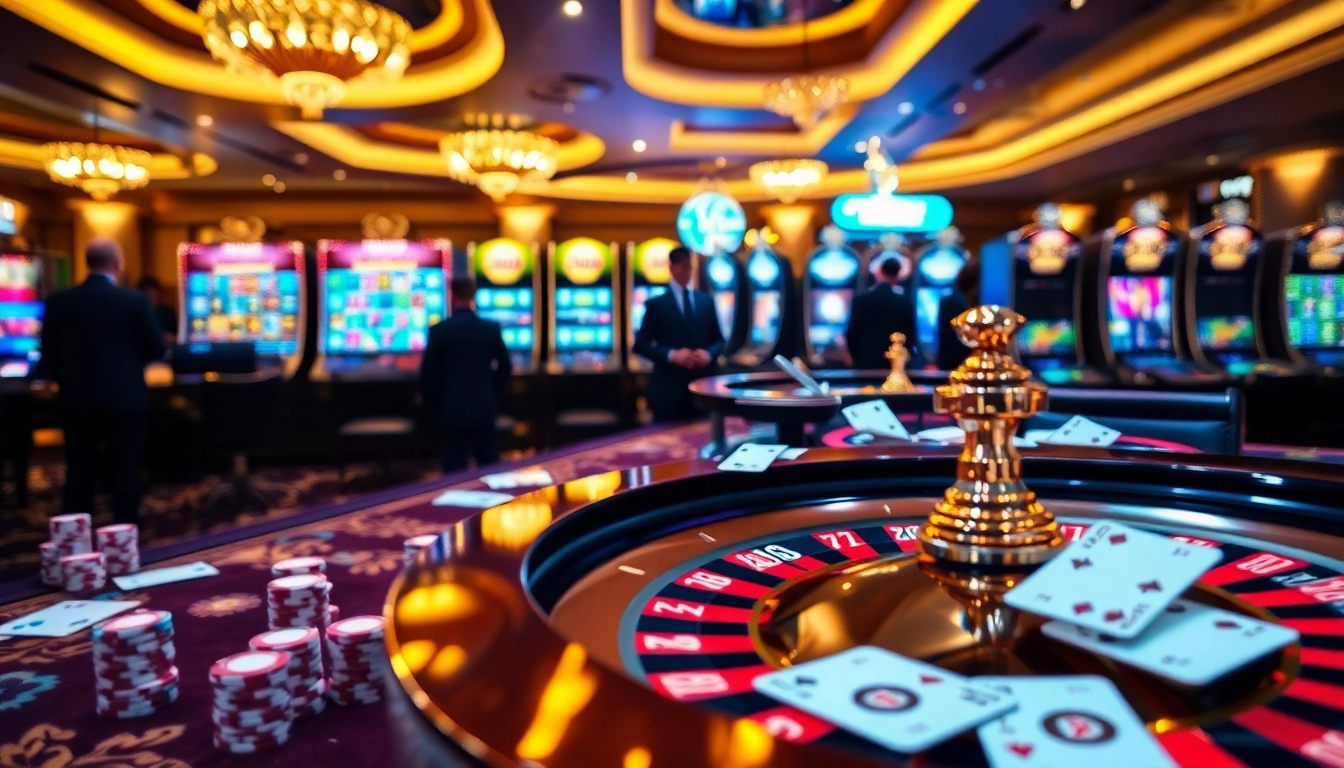 Win55 casino excitement with professional gamblers at high-stake tables and glowing slot machines.