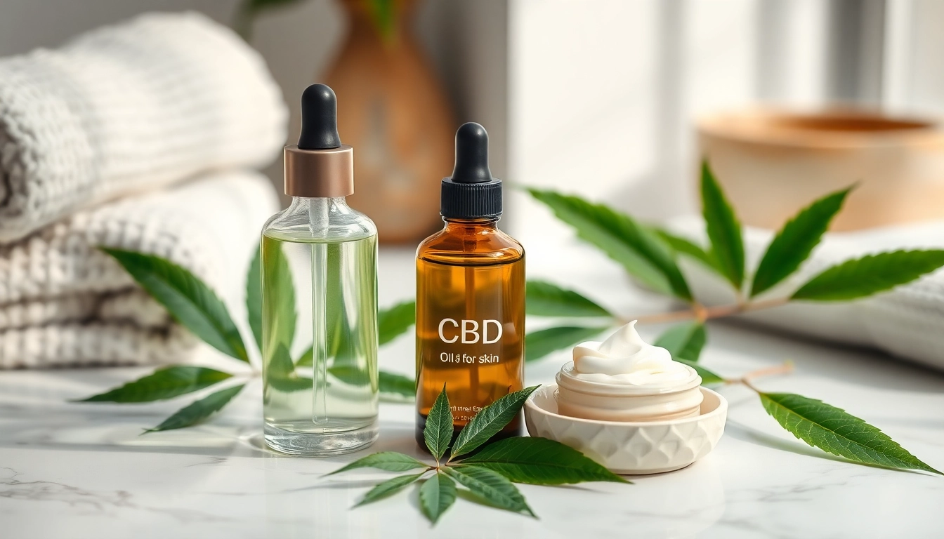 Apply CBD oil for skin from a beautifully presented skincare set on a marble countertop.