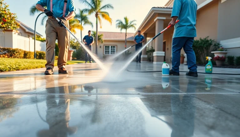 Concrete cleaning in Kissimmee, FL, showcasing a professional team transforming a driveway.