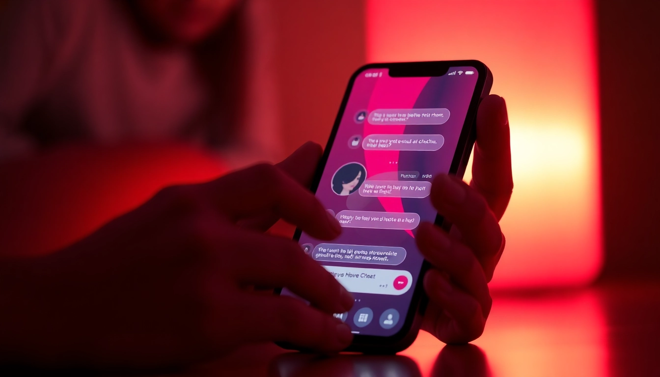 AI porn chat platform on a smartphone with a virtual character, creating a flirty atmosphere.