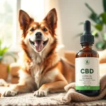 Happy dog enjoying comfort with a bottle of CBD Oil For Dog in a sunny living room setting.