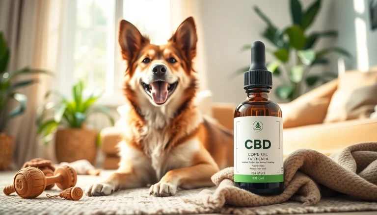 Happy dog enjoying comfort with a bottle of CBD Oil For Dog in a sunny living room setting.