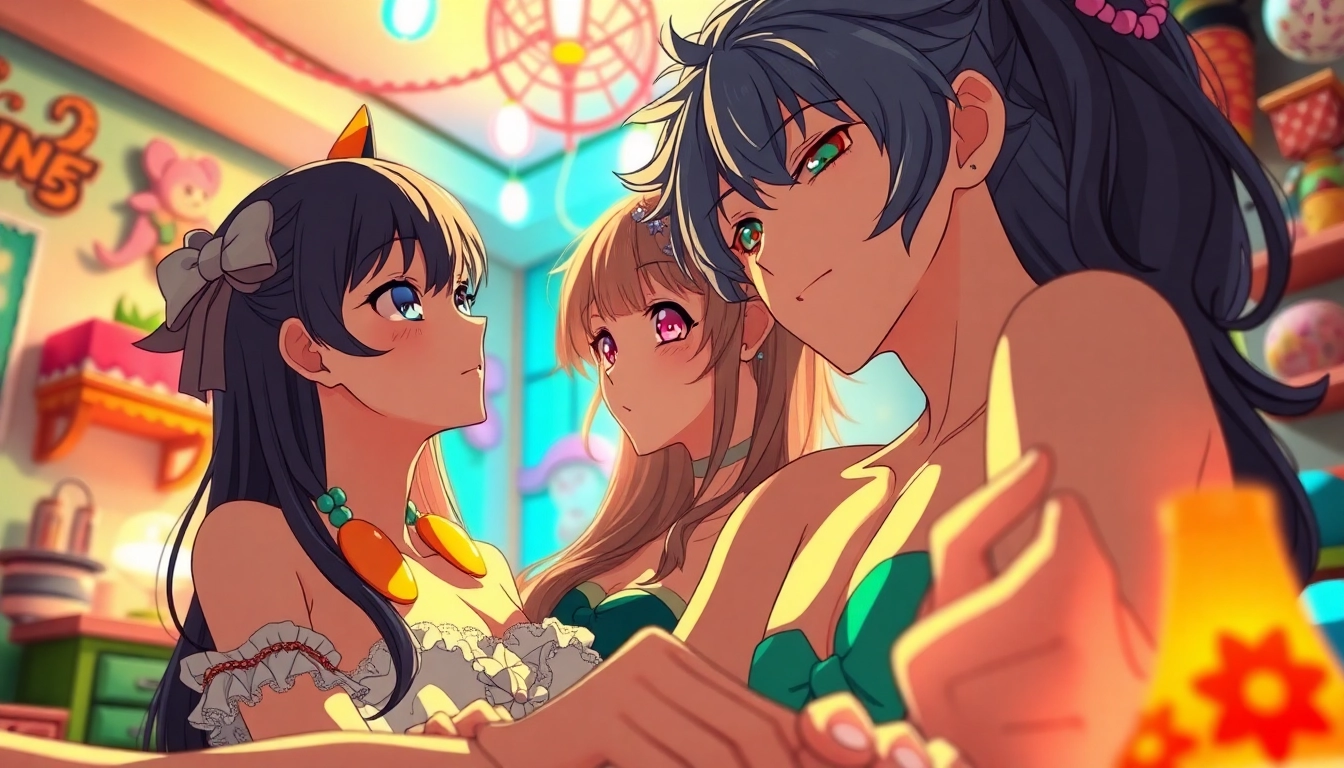 Anime sex scene featuring colorful characters in an intimate moment within a vibrant fantasy setting.