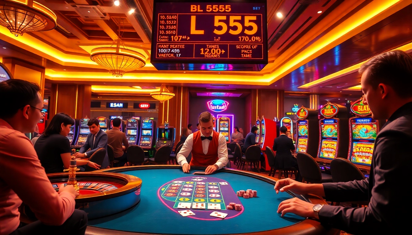 Action-packed poker scene at BL555 casino with players and cards, showcasing thrilling gameplay
