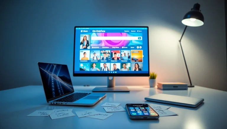 Engaging workspace scene for searching OnlyFans profiles with modern tech.