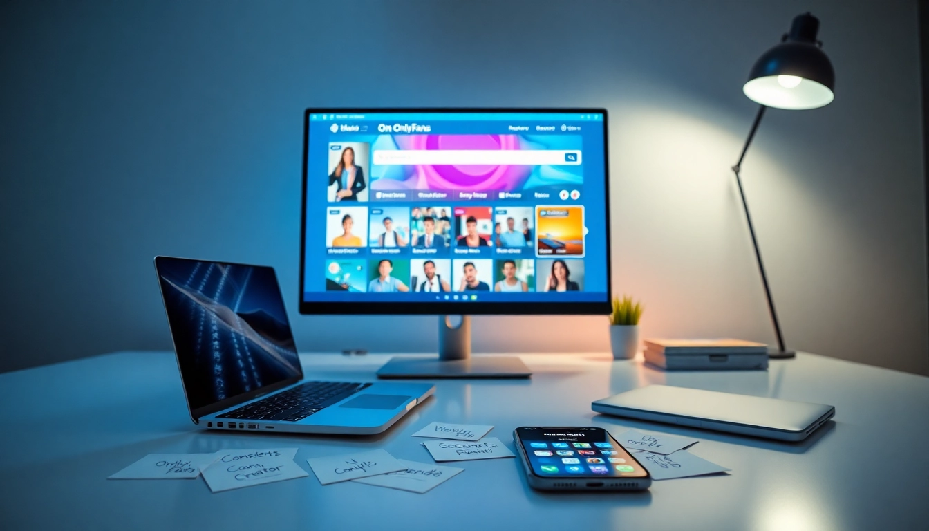 Engaging workspace scene for searching OnlyFans profiles with modern tech.