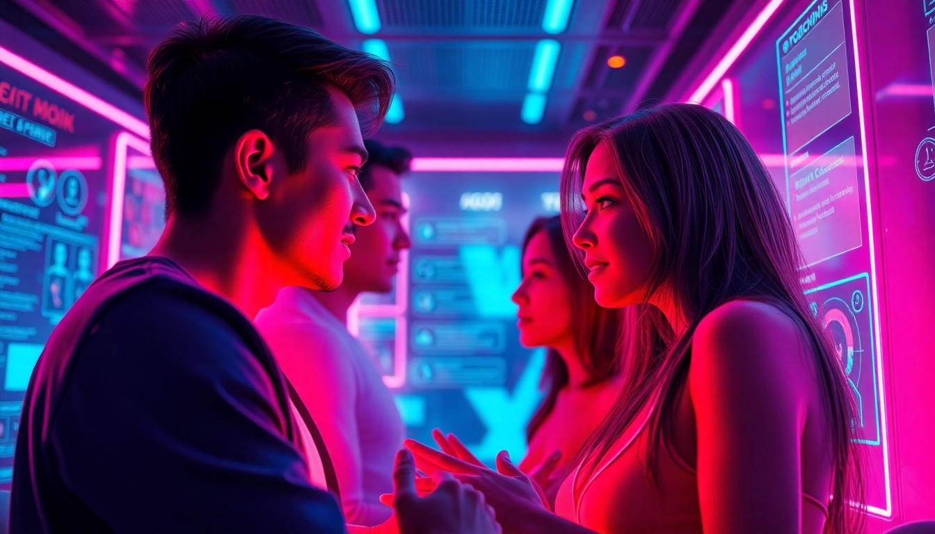 Engaging AI porn chat scene showcasing diverse digital characters interacting in a futuristic virtual environment.