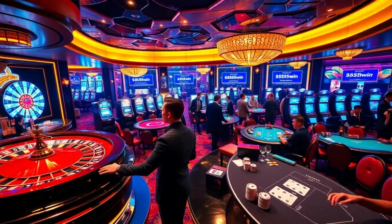 Experience the excitement of 555win casino with poker tables and slot machines in a luxurious setting.