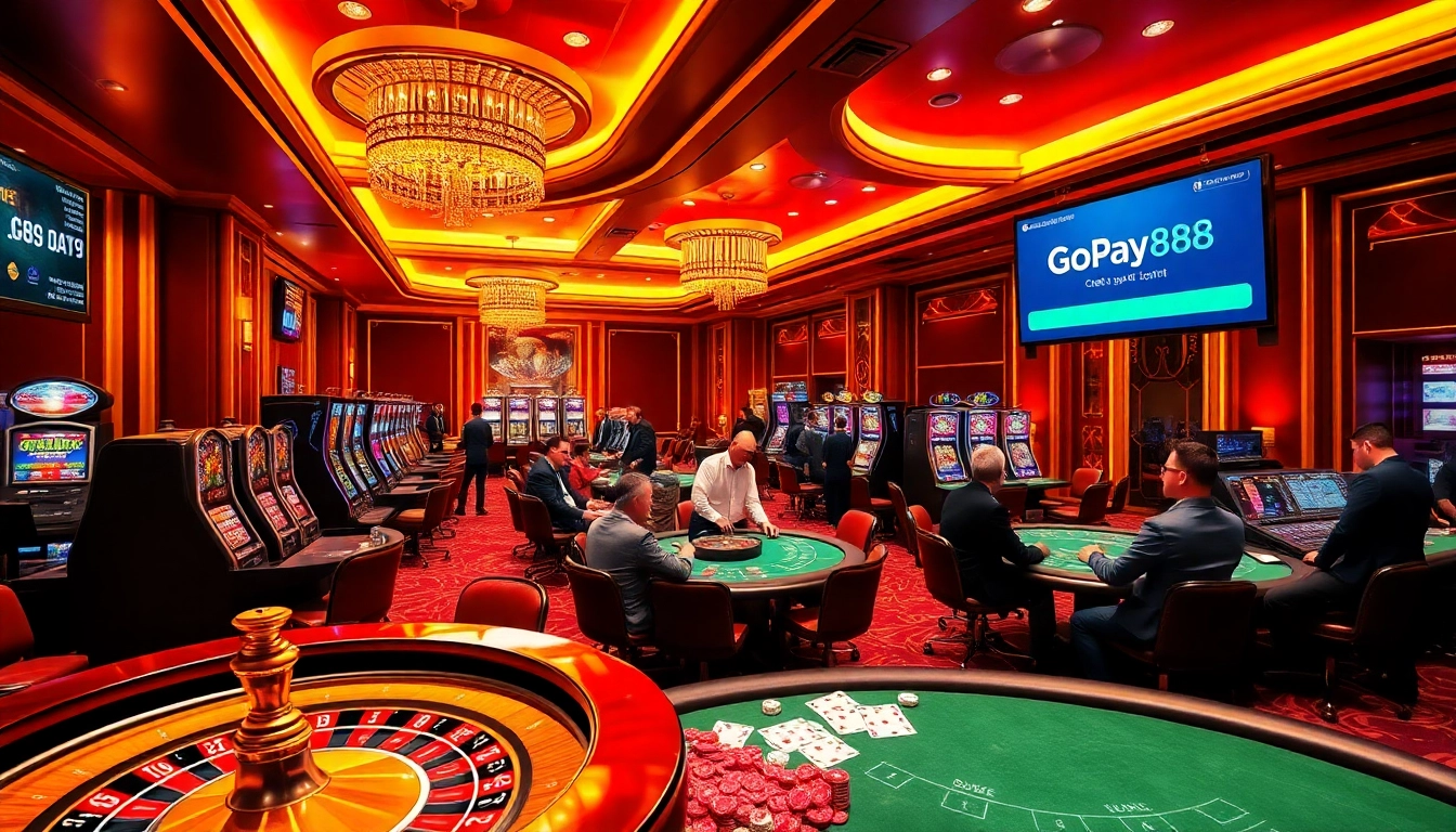Players enjoying games at a casino featuring Gopay88 digital payment options and vibrant gaming tables.