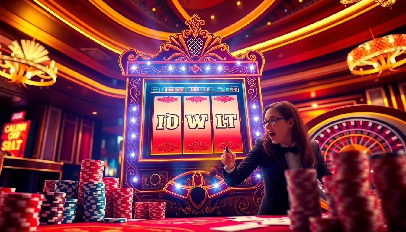 Player engaging with idn slot machine amidst a glamorous casino set up with poker chips and roulette wheel.