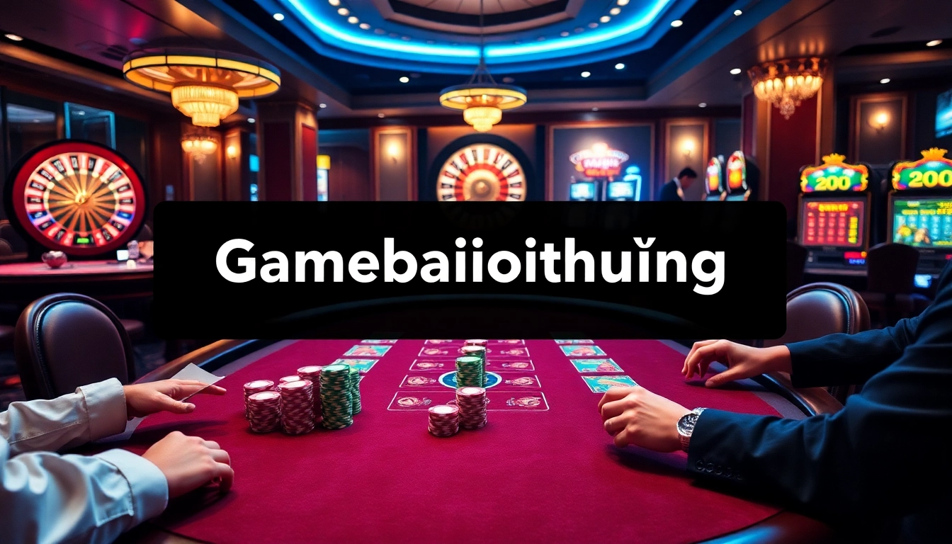 Experience a thrilling gamebaidoithuong poker showdown with vibrant chips and a roulette wheel.
