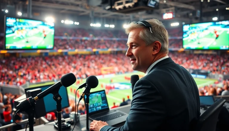 Action-packed moment of sports broadcasting with a lively announcer and vibrant backdrop.