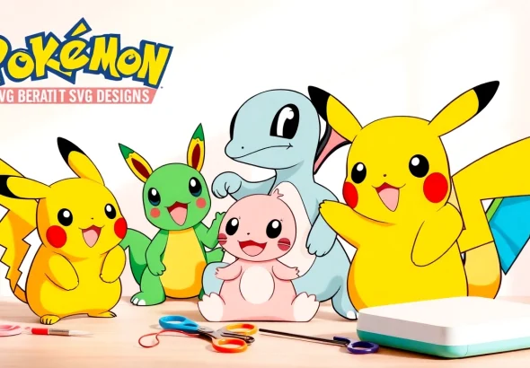 Cheerful Pokémon SVG designs for Cricut crafting featuring Pikachu and Bulbasaur on a pastel background.