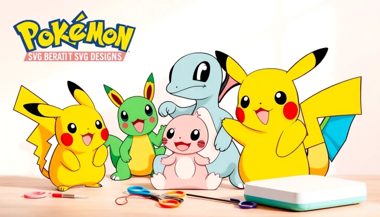 Cheerful Pokémon SVG designs for Cricut crafting featuring Pikachu and Bulbasaur on a pastel background.