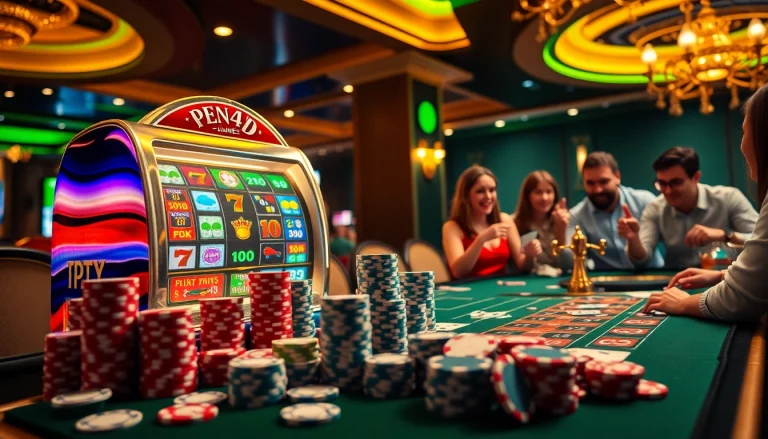 PEN4D players enjoying a thrilling slot machine experience in a vibrant casino setting.