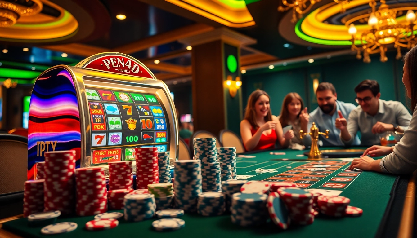 PEN4D players enjoying a thrilling slot machine experience in a vibrant casino setting.