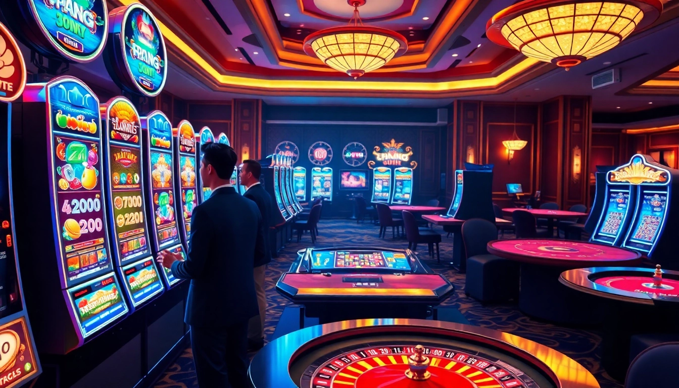 Players enjoying idn slot games at a vibrant casino filled with colorful slot machines.