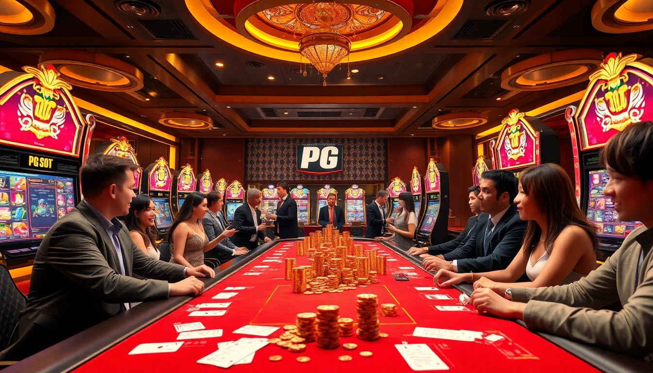 Players enjoying a PG slot demo amid a vibrant casino atmosphere, showcasing excitement and luxury.