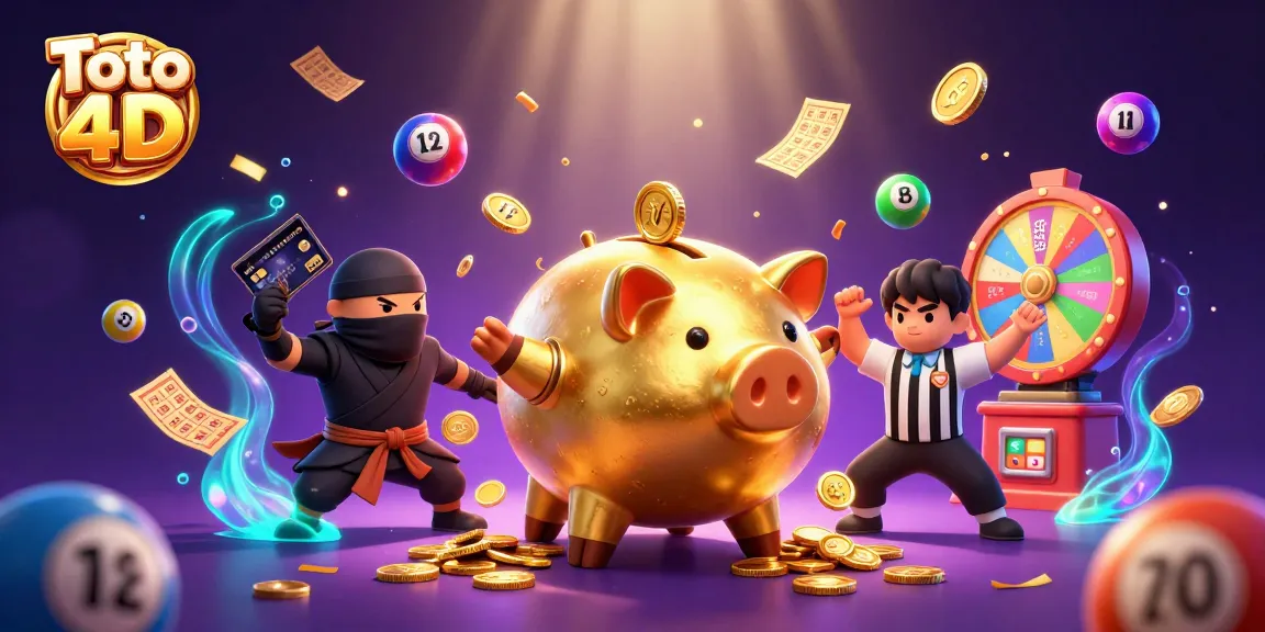 Engage in Toto 4D with colorful lottery elements, featuring a sumo wrestler and ninja characters.